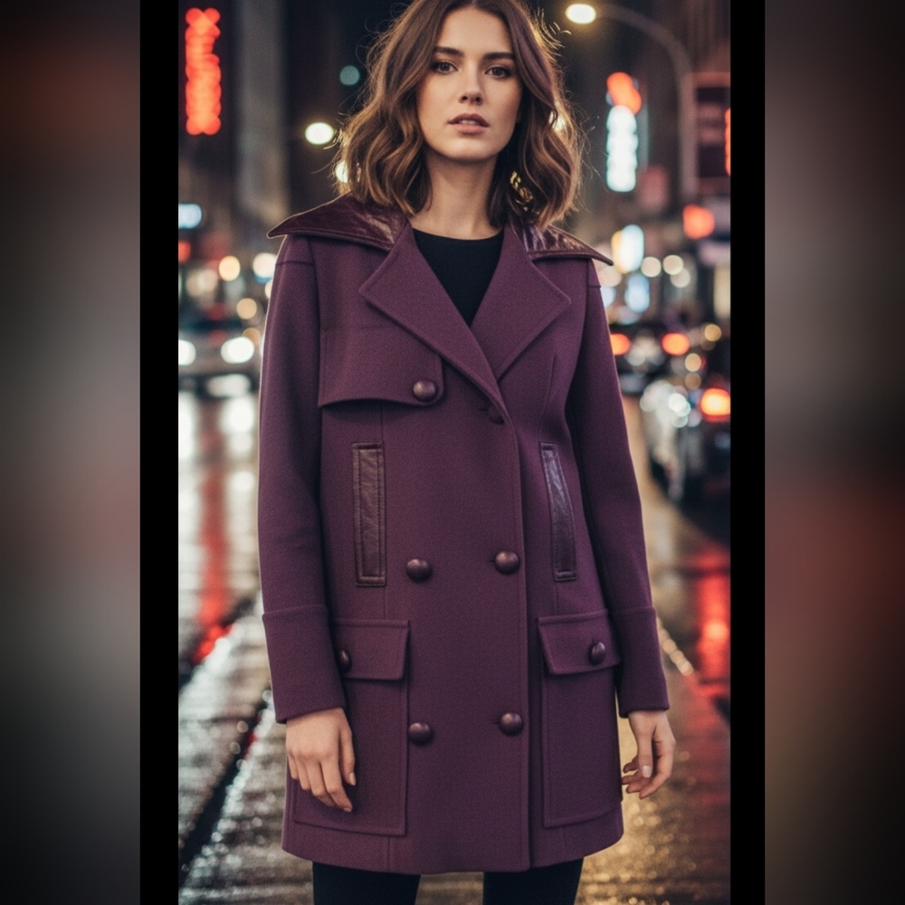 Rudsak  Collection Women's Double-Breasted Pea Coat With Genuine Leather Trim